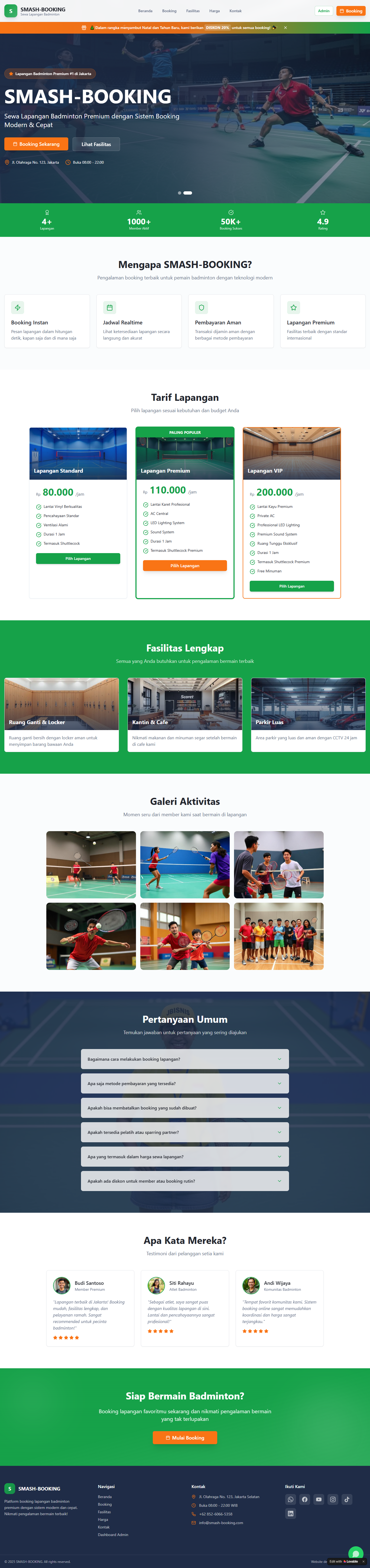 Website usaha sewa lapangan badminton smash booking